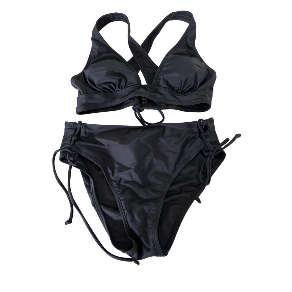 Cupshe Black Bikini Woman Size Small Halter Top Cross back